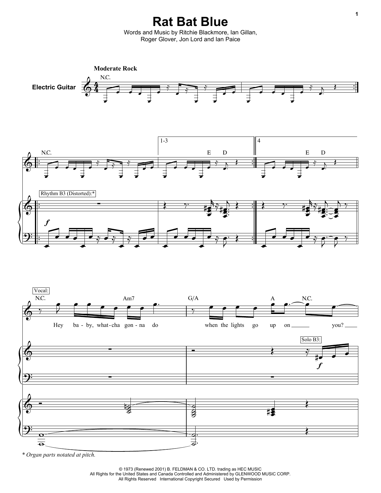 Deep Purple Rat Bat Blue sheet music notes and chords arranged for Keyboard Transcription