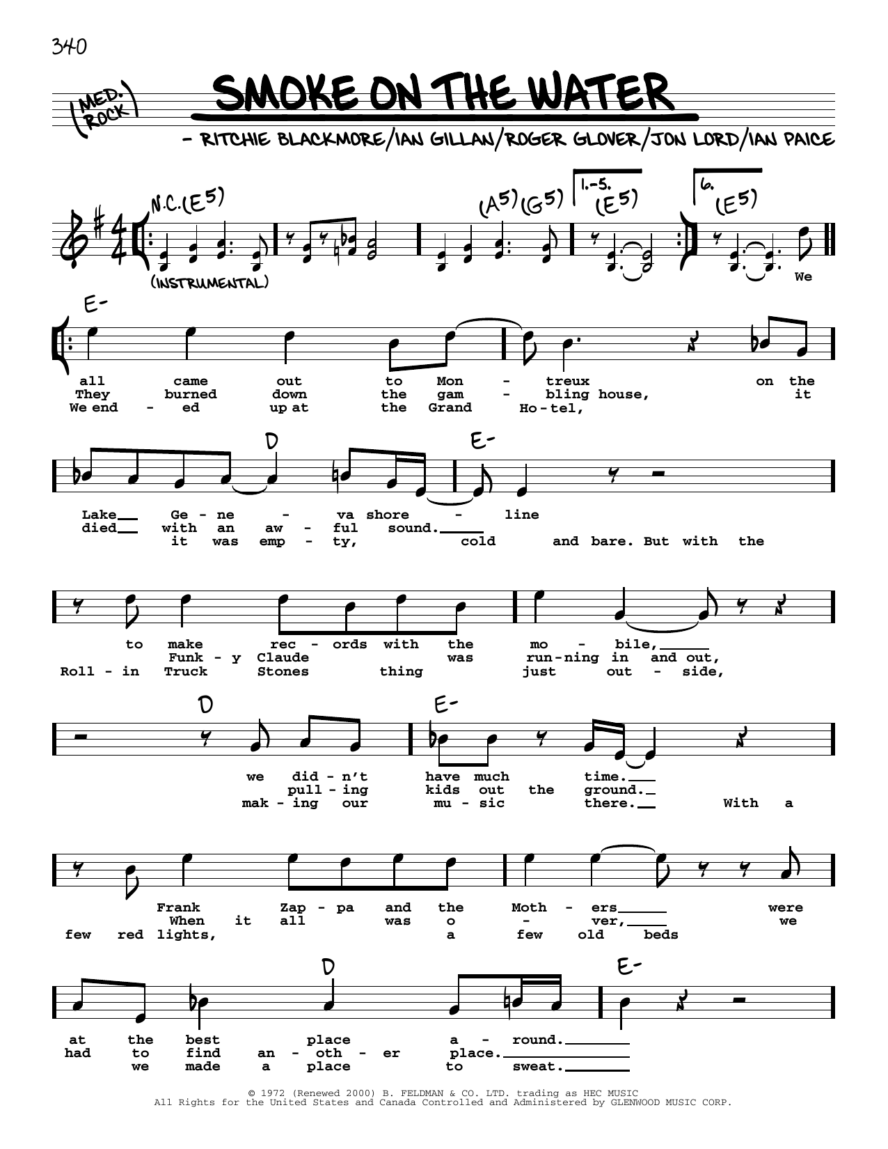 Deep Purple Smoke On The Water (High Voice) sheet music notes and chords arranged for Real Book – Melody, Lyrics & Chords