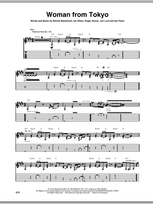 Deep Purple Woman From Tokyo sheet music notes and chords arranged for Keyboard Transcription