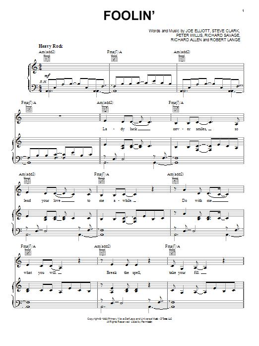 Def Leppard Foolin' sheet music notes and chords arranged for Guitar Tab (Single Guitar)