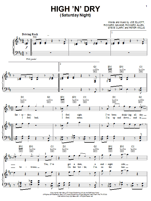 Def Leppard High 'N' Dry (Saturday Night) sheet music notes and chords arranged for Piano, Vocal & Guitar Chords (Right-Hand Melody)