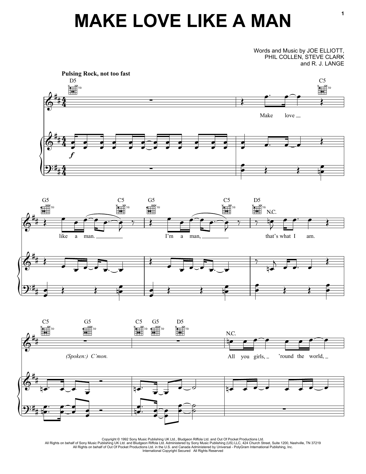 Def Leppard Make Love Like A Man sheet music notes and chords arranged for Piano, Vocal & Guitar Chords (Right-Hand Melody)