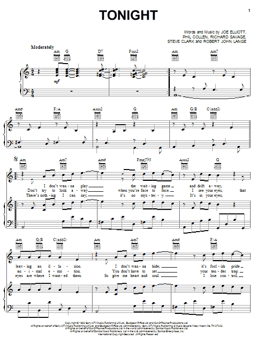 Def Leppard Tonight sheet music notes and chords arranged for Piano, Vocal & Guitar Chords (Right-Hand Melody)