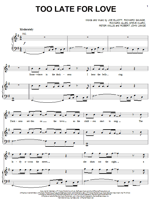 Def Leppard Too Late For Love sheet music notes and chords arranged for Guitar Tab (Single Guitar)