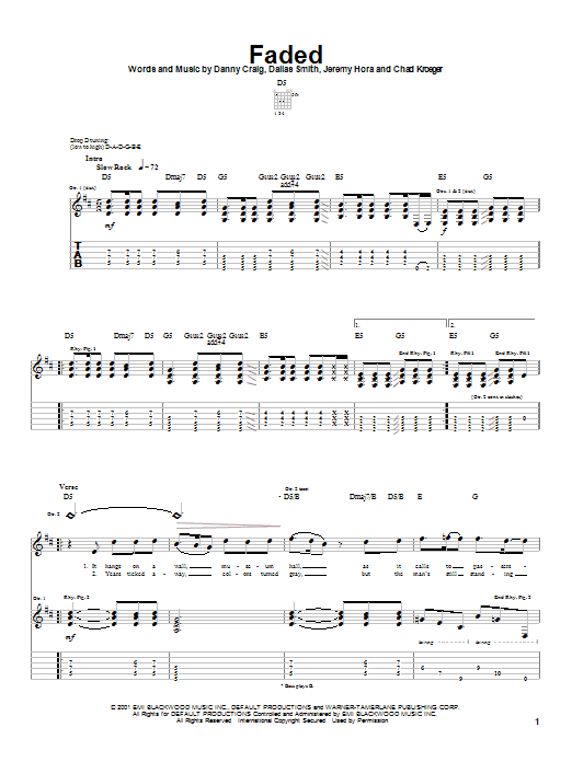 Default Faded sheet music notes and chords arranged for Guitar Tab