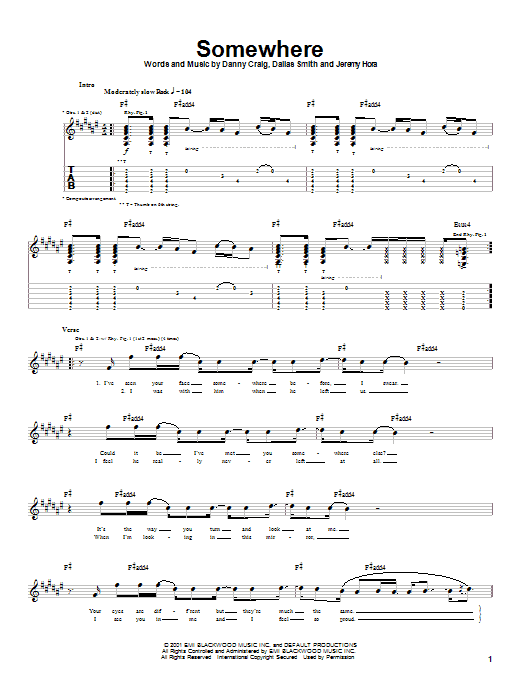 Default Somewhere sheet music notes and chords arranged for Guitar Tab