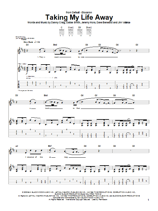 Default Taking My Life Away sheet music notes and chords. Download Printable PDF.