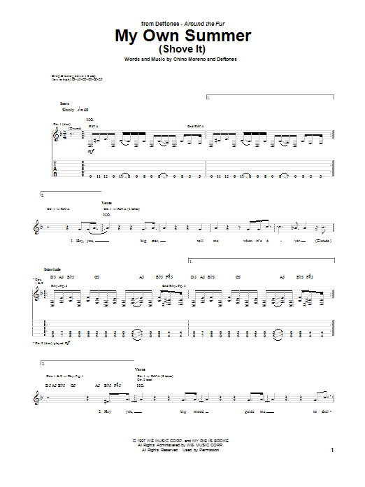 Deftones My Own Summer (Shove It) sheet music notes and chords arranged for Guitar Tab