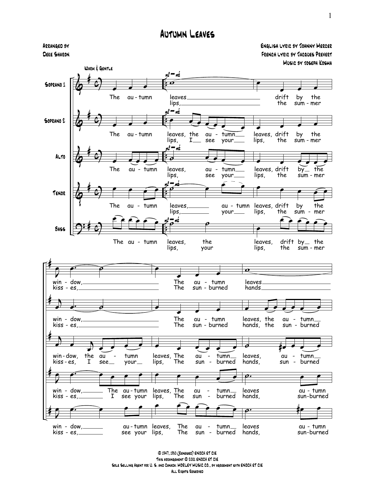 Deke Sharon Autumn Leaves sheet music notes and chords arranged for SSATB Choir