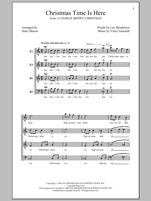 Deke Sharon Christmas Time Is Here sheet music notes and chords arranged for TTBB Choir
