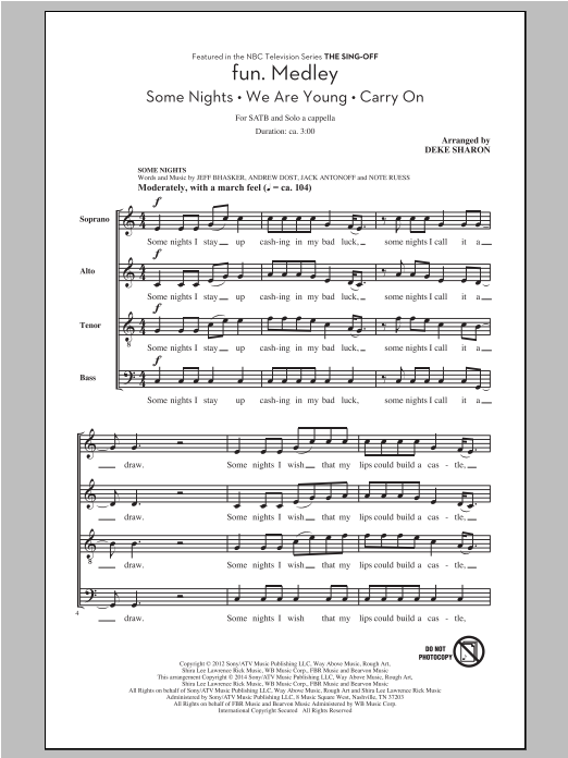 Deke Sharon fun. Medley (from the Sing-Off) (arr. Deke Sharon) sheet music notes and chords arranged for SATB Choir