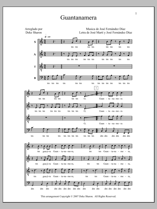 Deke Sharon Guantanamera sheet music notes and chords arranged for SATB Choir