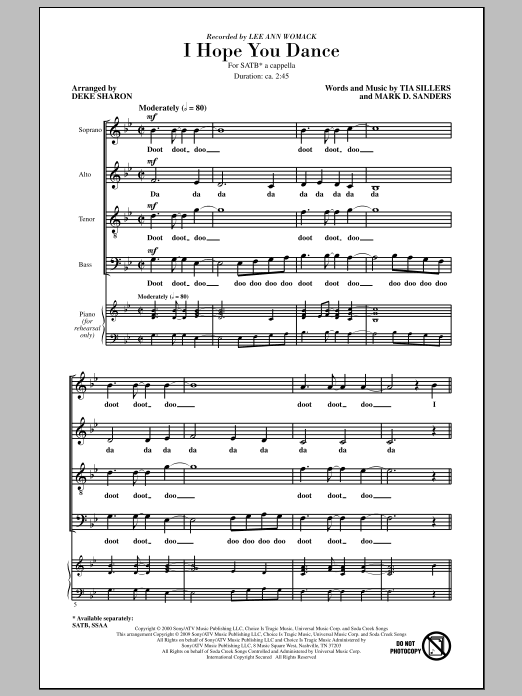 Deke Sharon I Hope You Dance sheet music notes and chords arranged for SATB Choir