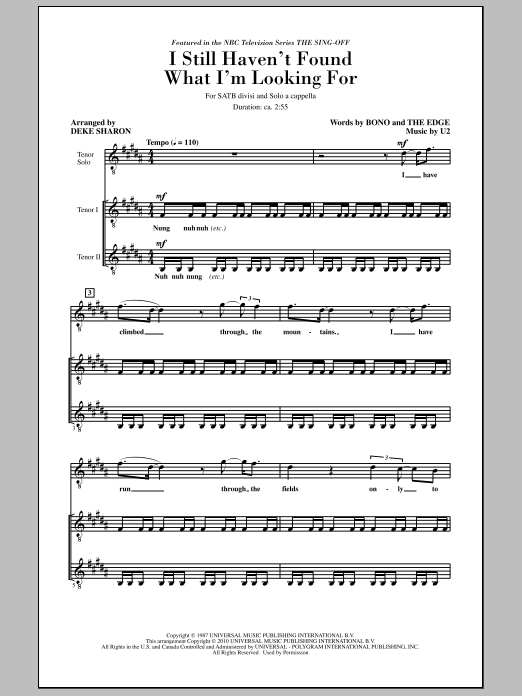 Deke Sharon I Still Haven't Found What I'm Looking For (from NBC's The Sing-Off) sheet music notes and chords arranged for SATB Choir