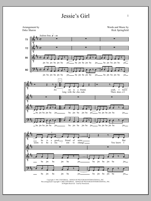 Deke Sharon Jessie's Girl sheet music notes and chords arranged for TTBB Choir
