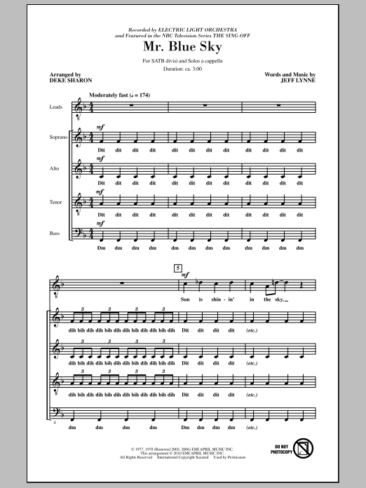 Deke Sharon Mr. Blue Sky (from NBC's The Sing-Off) sheet music notes and chords arranged for SATB Choir