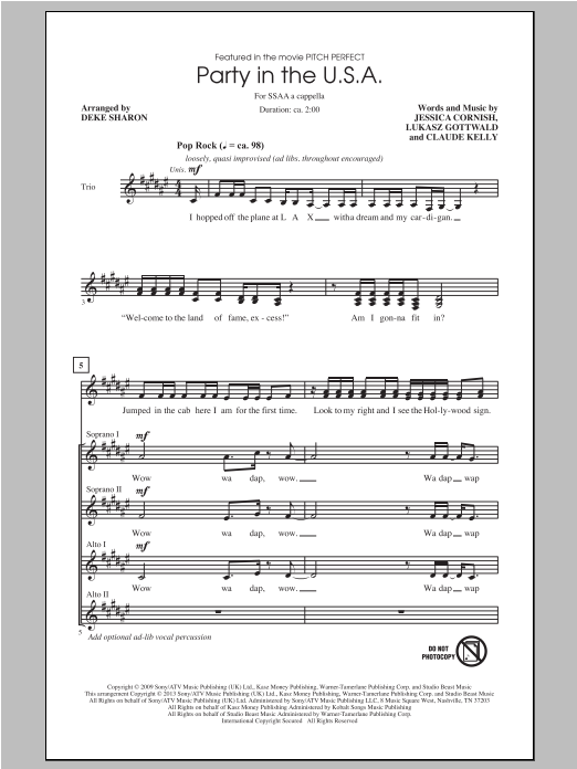 Deke Sharon Party In The U.S.A. sheet music notes and chords arranged for SSA Choir