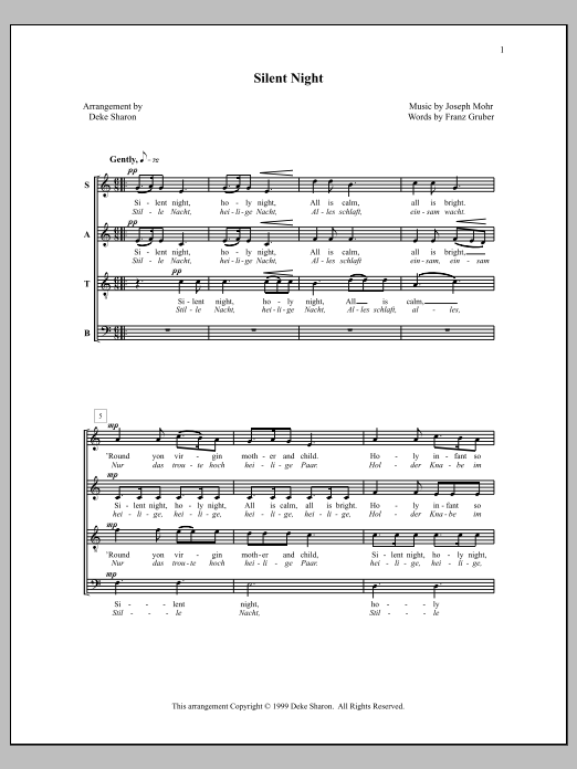 Deke Sharon Silent Night sheet music notes and chords arranged for SATB Choir