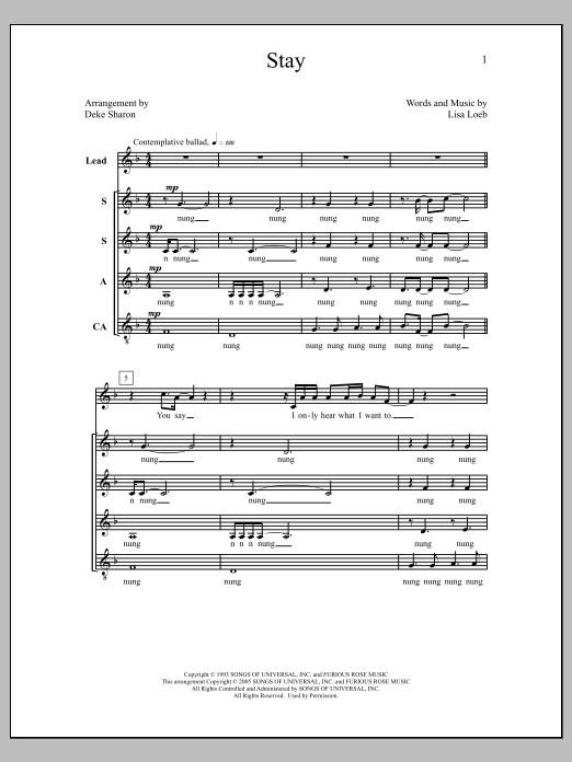 Deke Sharon Stay sheet music notes and chords arranged for SSAA Choir