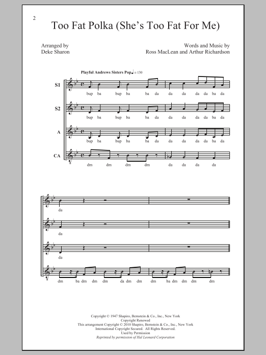 Deke Sharon Too Fat Polka (She's Too Fat For Me) sheet music notes and chords arranged for SSA Choir