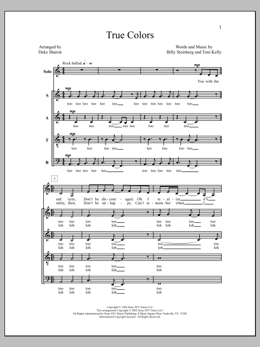 Deke Sharon True Colors sheet music notes and chords arranged for SATB Choir