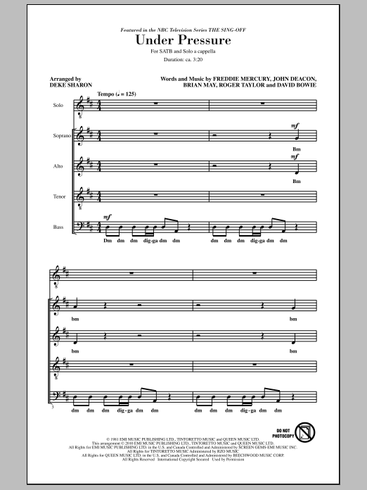 Deke Sharon Under Pressure (from NBC's The Sing-Off) sheet music notes and chords arranged for SATB Choir