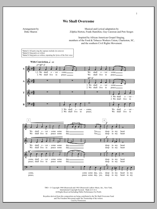 Deke Sharon We Shall Overcome sheet music notes and chords arranged for SATB Choir
