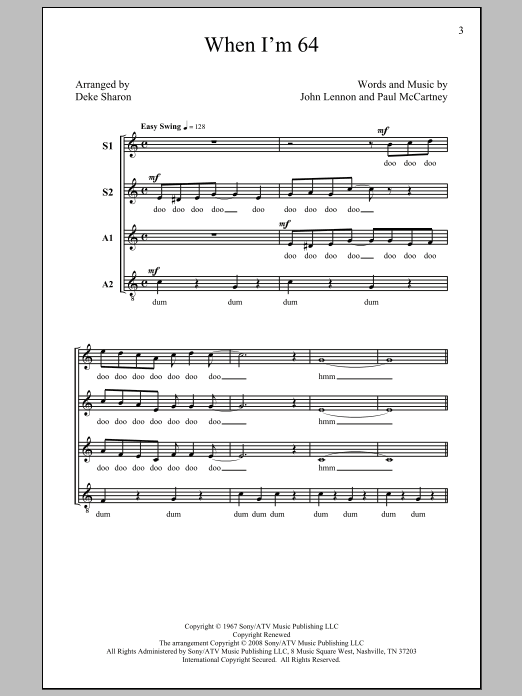 Deke Sharon When I'm Sixty-Four sheet music notes and chords arranged for SSA Choir