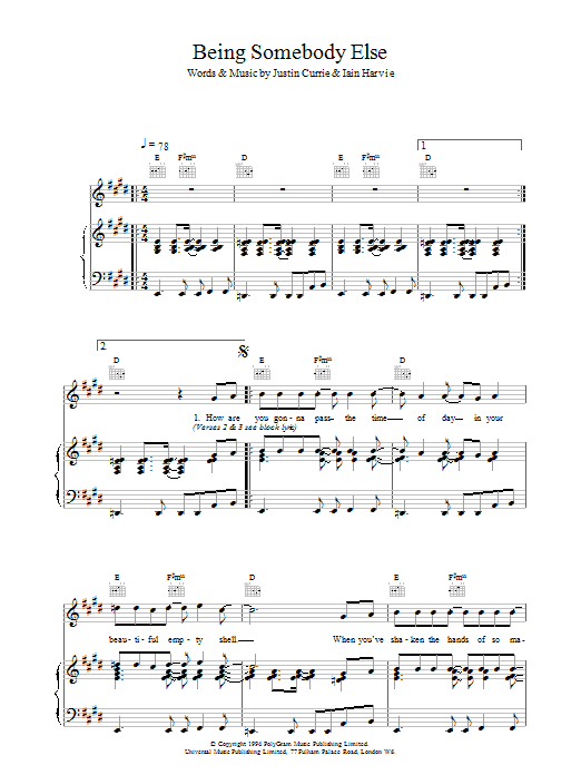 Del Amitri Being Somebody Else sheet music notes and chords arranged for Piano, Vocal & Guitar Chords