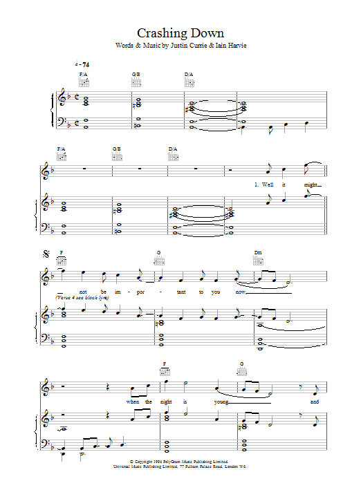 Del Amitri Crashing Down sheet music notes and chords arranged for Piano, Vocal & Guitar Chords