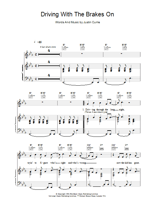 Del Amitri Driving With The Brakes On sheet music notes and chords arranged for Piano, Vocal & Guitar Chords