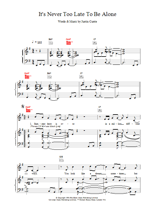 Del Amitri It's Never Too Late To Be Alone sheet music notes and chords arranged for Piano, Vocal & Guitar Chords