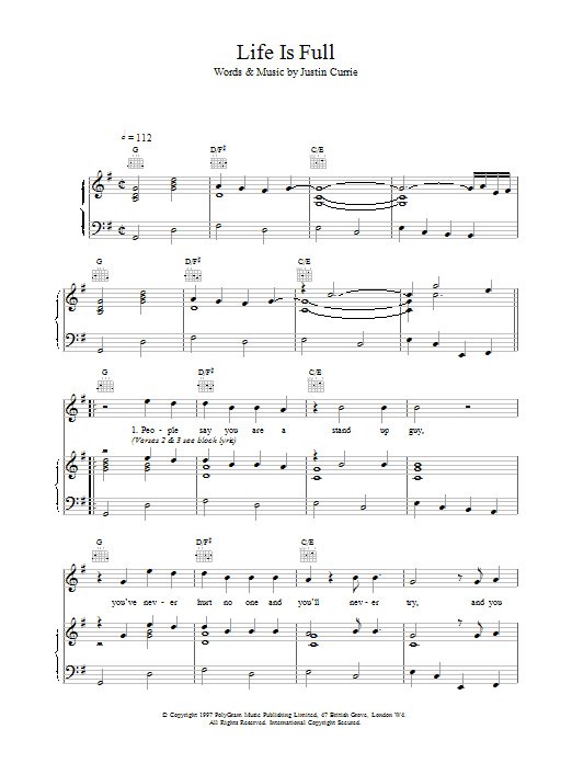 Del Amitri Life Is Full sheet music notes and chords arranged for Piano, Vocal & Guitar Chords