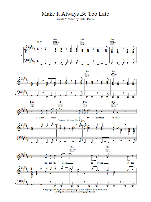 Del Amitri Make It Always Be Too Late sheet music notes and chords arranged for Piano, Vocal & Guitar Chords
