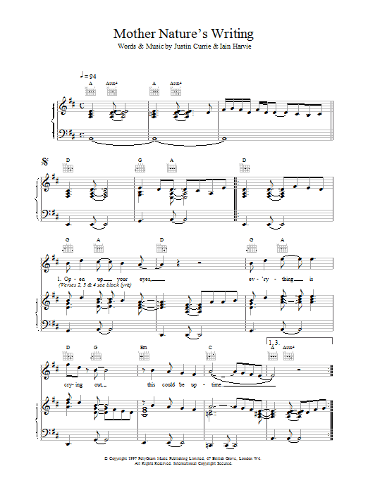 Del Amitri Mother Nature's Writing sheet music notes and chords arranged for Piano, Vocal & Guitar Chords