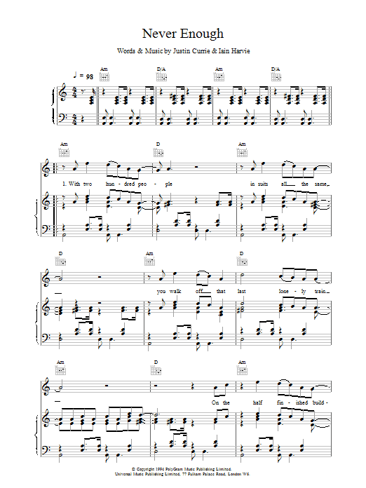 Del Amitri Never Enough sheet music notes and chords arranged for Piano, Vocal & Guitar Chords