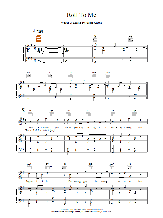 Del Amitri Roll To Me sheet music notes and chords arranged for Piano, Vocal & Guitar Chords