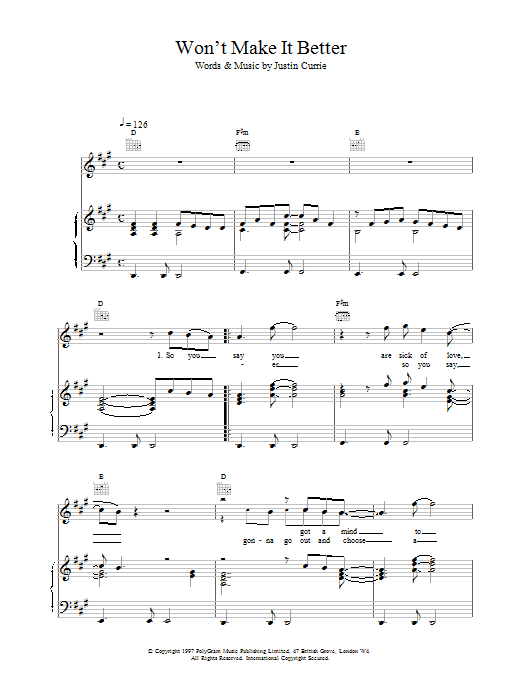 Del Amitri Won't Make It Better sheet music notes and chords arranged for Piano, Vocal & Guitar Chords