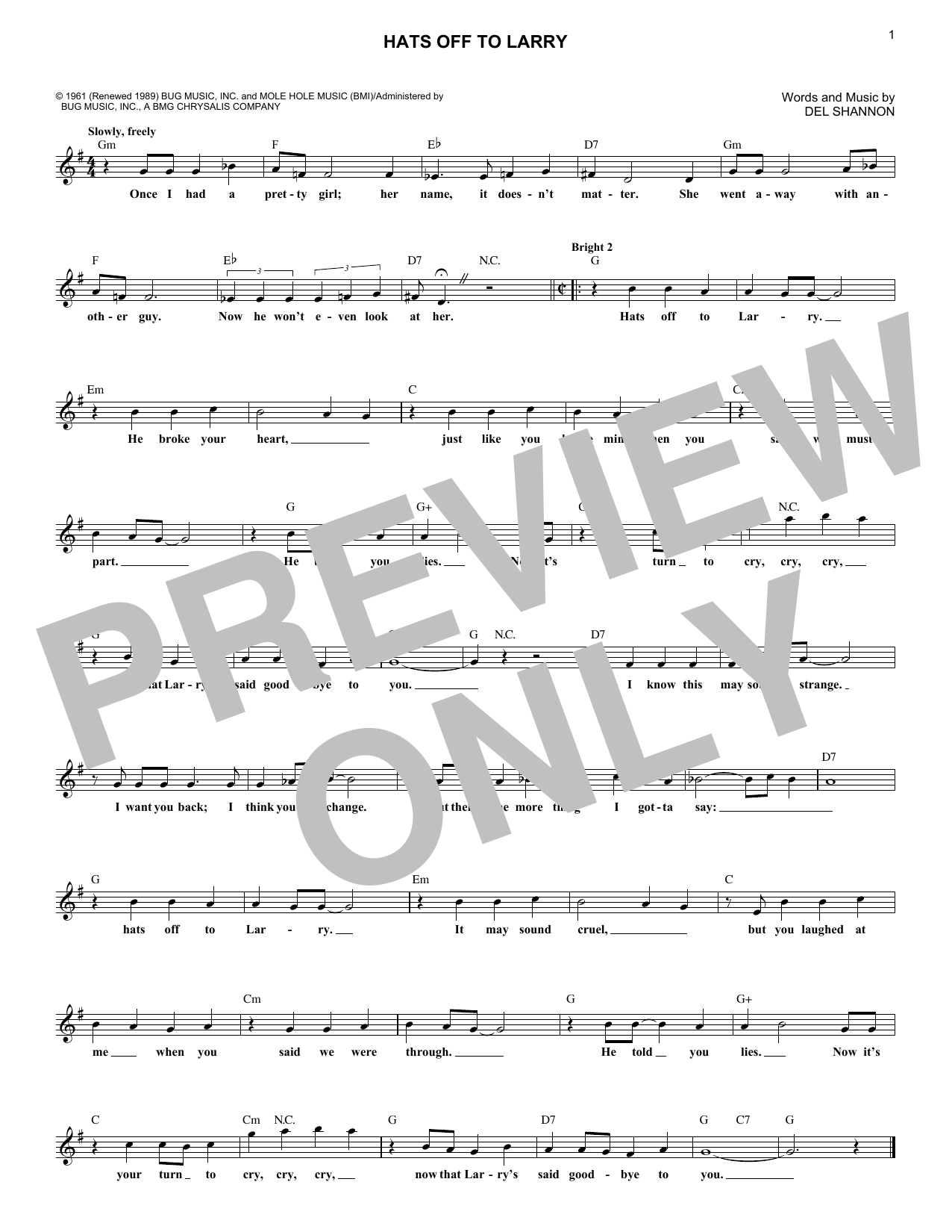 Del Shannon Hats Off To Larry sheet music notes and chords arranged for Lead Sheet / Fake Book