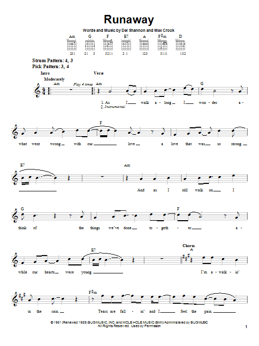 Del Shannon Runaway sheet music notes and chords arranged for Keyboard Transcription