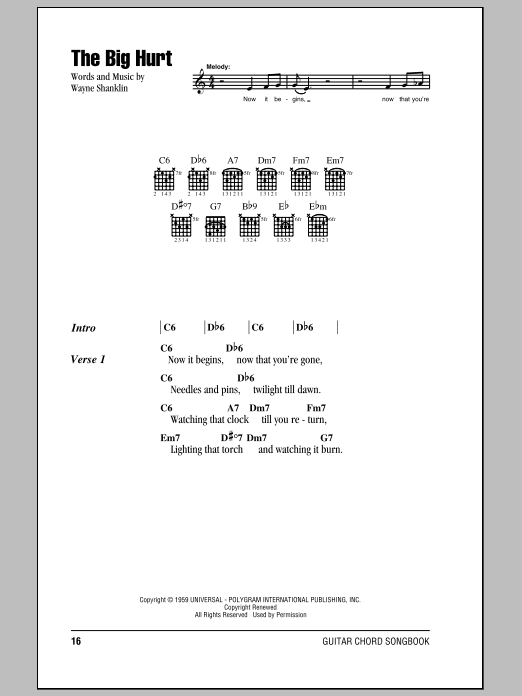 Del Shannon The Big Hurt sheet music notes and chords arranged for Guitar Chords/Lyrics