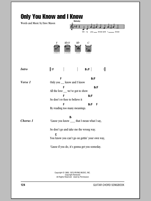 Eric Clapton Only You Know And I Know sheet music notes and chords arranged for Guitar Chords/Lyrics