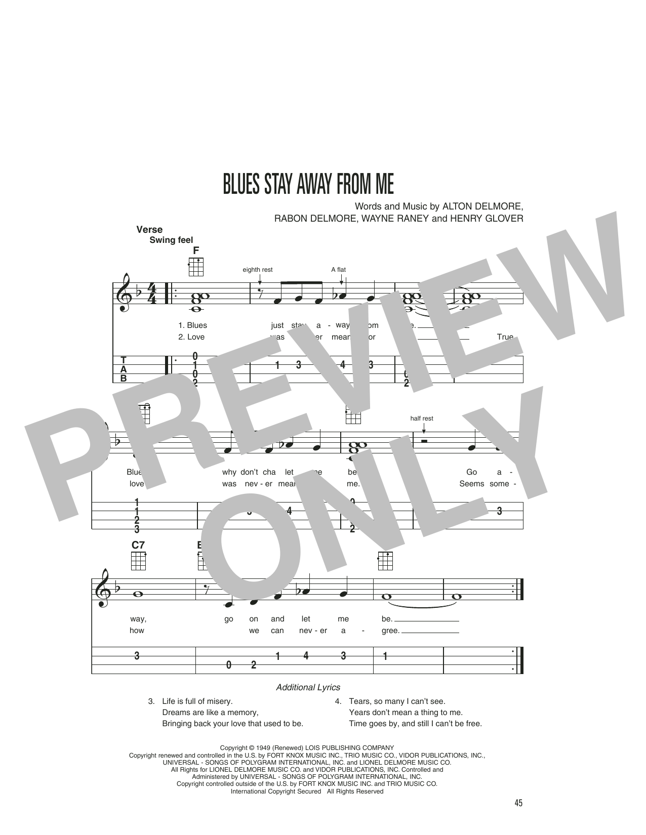 Delmore Brothers Blues Stay Away From Me sheet music notes and chords arranged for Piano, Vocal & Guitar Chords (Right-Hand Melody)