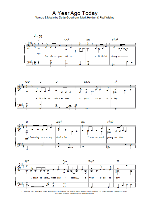 Delta Goodrem A Year Ago Today sheet music notes and chords arranged for Piano Solo