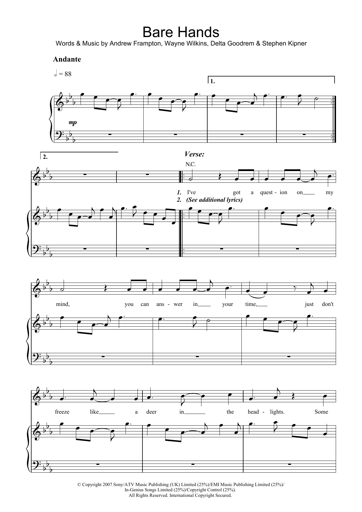 Delta Goodrem Bare Hands sheet music notes and chords arranged for Piano, Vocal & Guitar Chords