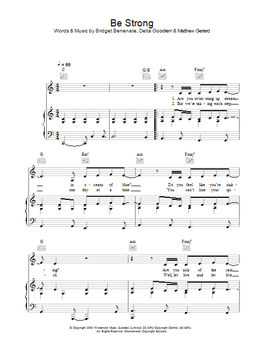 Delta Goodrem Be Strong sheet music notes and chords arranged for Piano, Vocal & Guitar Chords