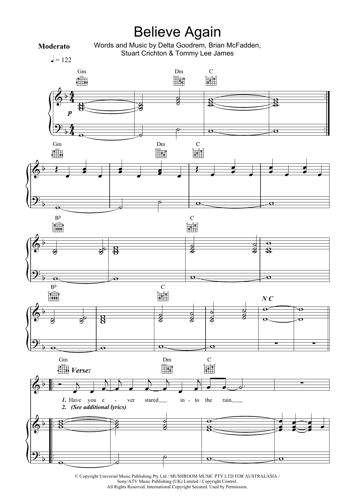 Delta Goodrem Believe Again sheet music notes and chords arranged for Piano, Vocal & Guitar Chords