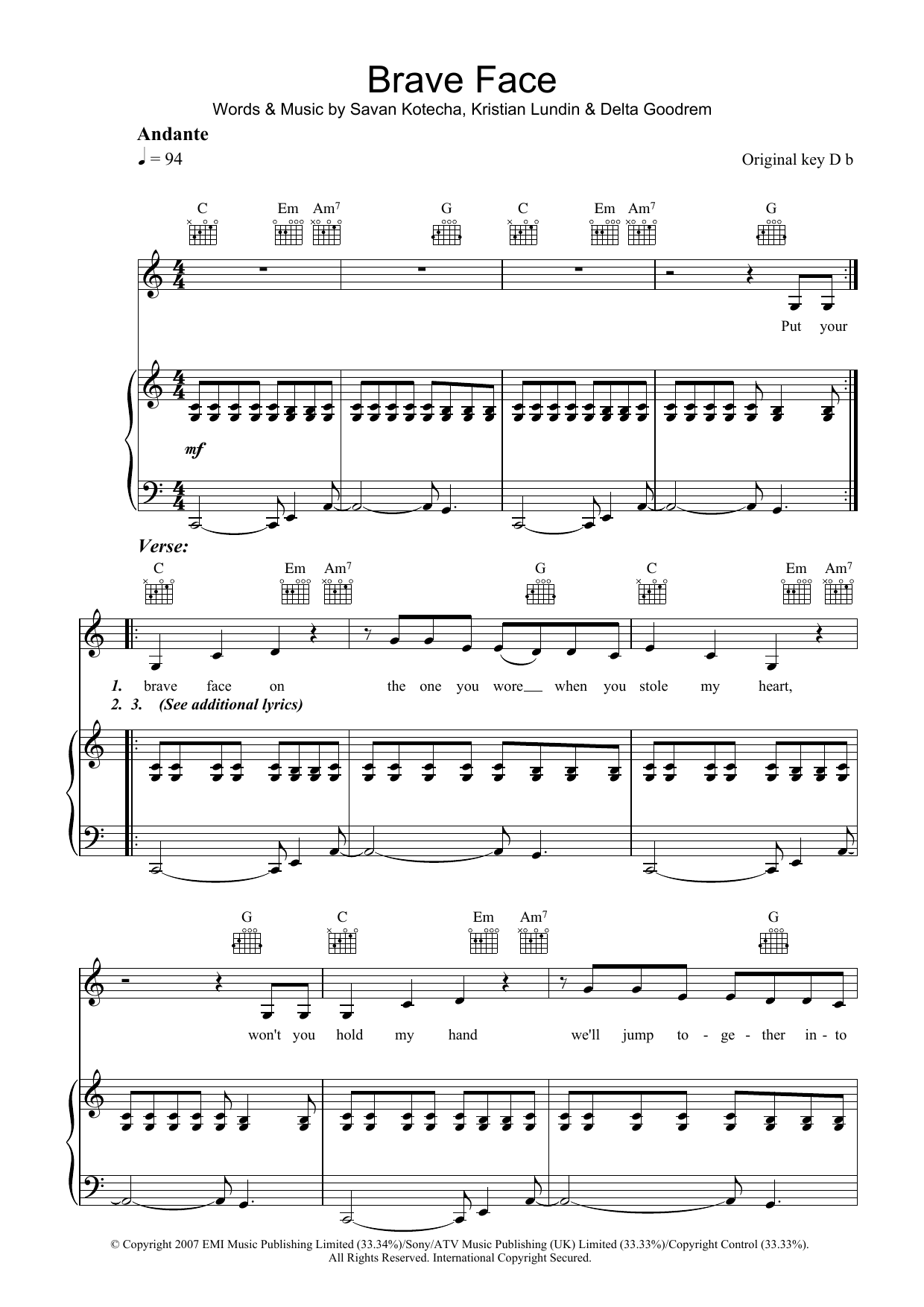 Delta Goodrem Brave Face sheet music notes and chords arranged for Piano, Vocal & Guitar Chords