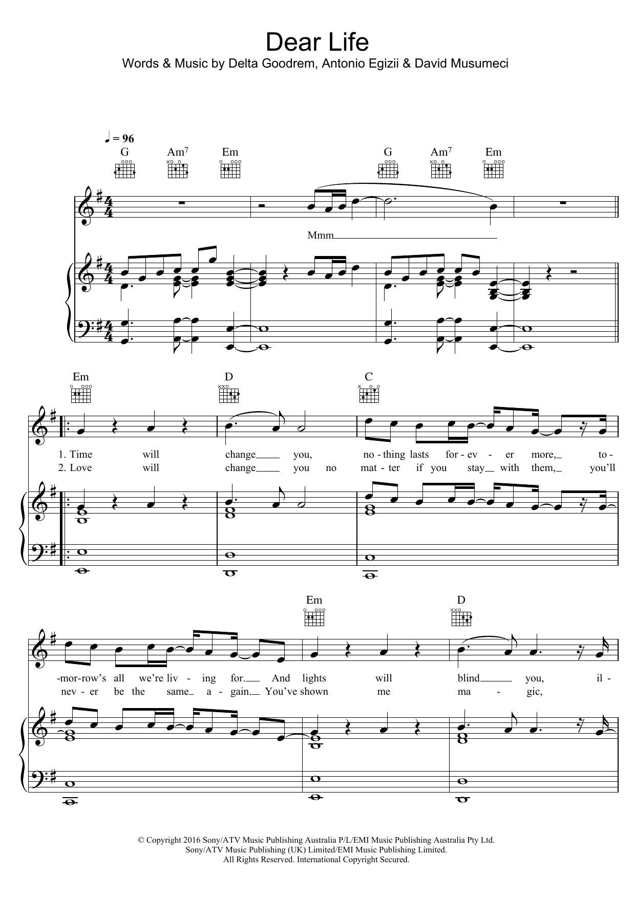 Delta Goodrem Dear Life sheet music notes and chords arranged for Piano, Vocal & Guitar Chords