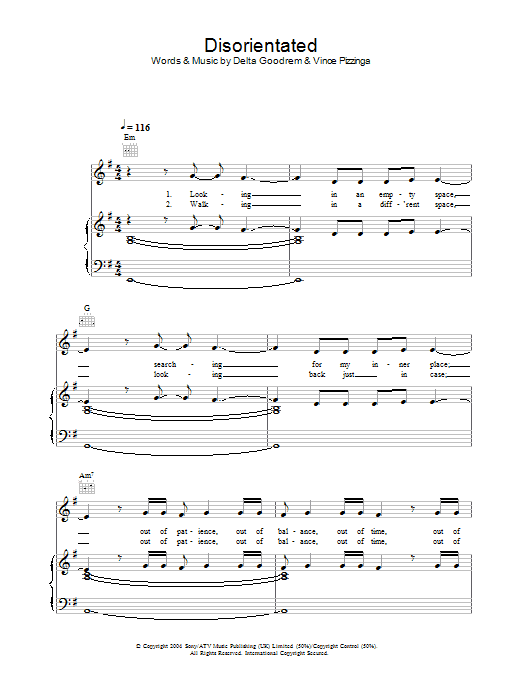 Delta Goodrem Disorientated sheet music notes and chords arranged for Piano, Vocal & Guitar Chords